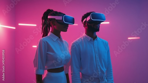 Young women in virtual reality headsets interact under neon lights at a moder...