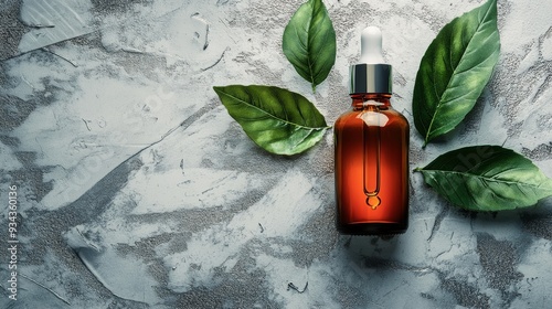 Natural oil dropper bottle with fresh green leaves on textured surface