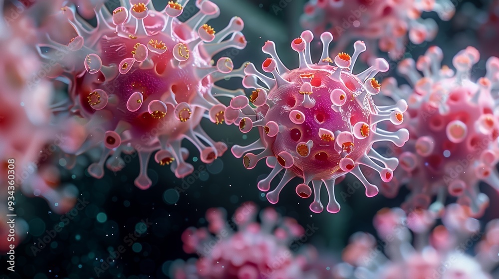 Detailed Close-Up Representation of Coronavirus Particles Under Microscope With Pink and Orange Features Detailed Close-Up Representation of Coronavirus Particles Under Microscope With Pink and Orange Features