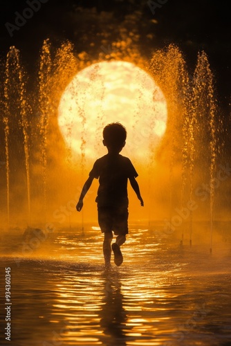 Child playing in water fountains at sunset in an urban setting