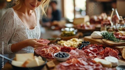 Woman preparing a charcuterie board at a festive gathering during the evening