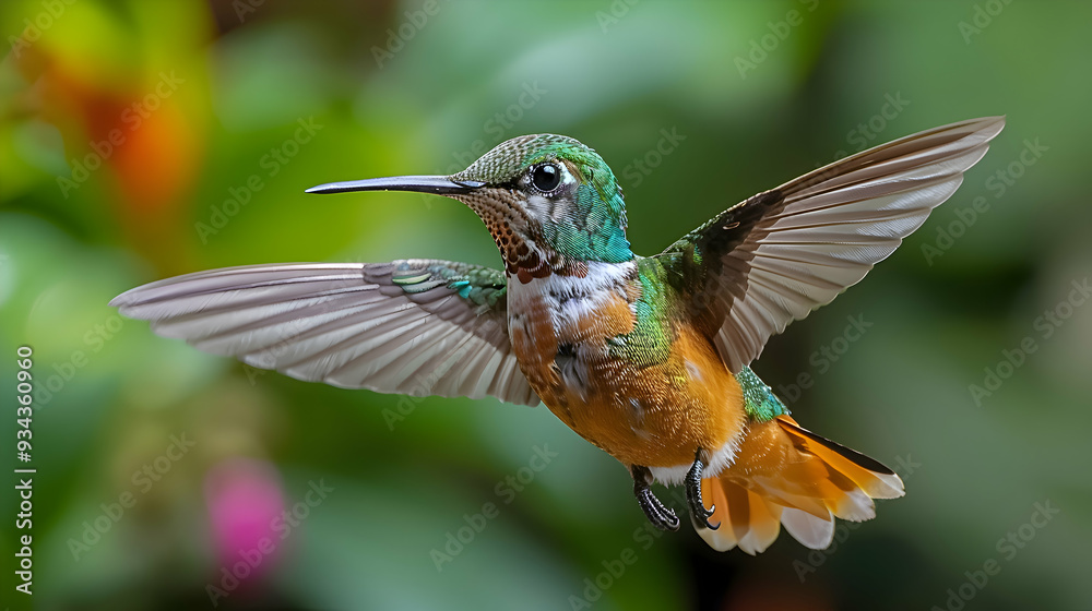 Obraz premium Amazon Buff-winged Starfrontlet hummingbird in mid-flight, its wings and body creating a dynamic scene