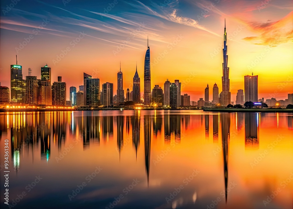 Vibrant orange hues dance across Dubai's majestic skyline, reflected in the serene waters of Dubai Creek Harbour, as day surrendersto a tranquil Arabian night. Vibrant orange hues dance across Dubai's majestic skyline, reflected in the serene waters of Dubai Creek Harbour, as day surrendersto a tranquil Arabian night.