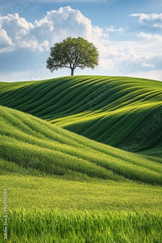 Green hills with a solitary tree under a blue sky and fluffy clouds during da...