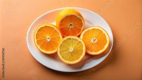 Vibrant orange slices arranged on a crisp white plate, accompanied by three whole oranges, against a soft peach background, evoking a sense of warmth and freshness.