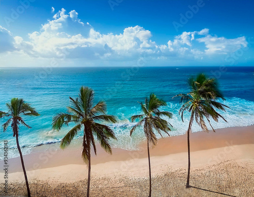 Playa de mar tropical de arena amarilla y palmeras. photo