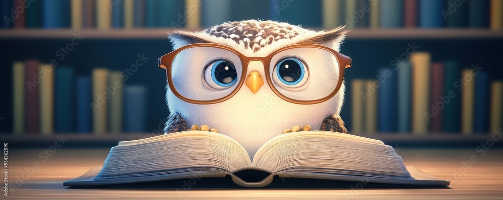 An adorable owl wearing glasses, perched on an open book in a cozy library setting, perfect for educational themes and wisdom. An adorable owl wearing glasses, perched on an open book in a cozy library setting, perfect for educational themes and wisdom.