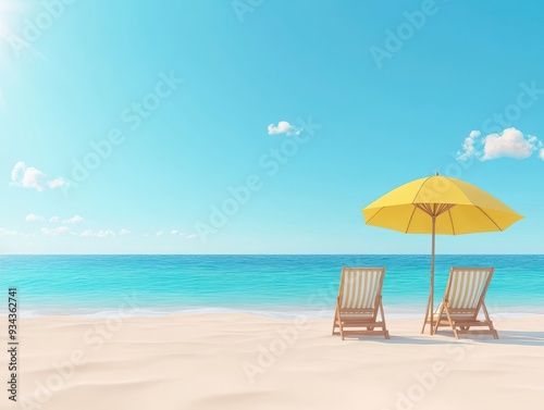 A serene beach scene featuring two lounge chairs and a bright yellow umbrella under a clear blue sky and calm ocean.