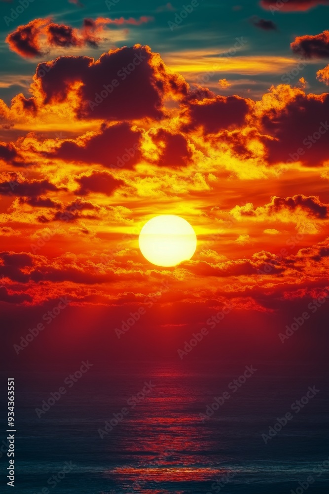 Sunset over fluffy clouds illuminating the sky in vibrant colors above the horizon Sunset over fluffy clouds illuminating the sky in vibrant colors above the horizon