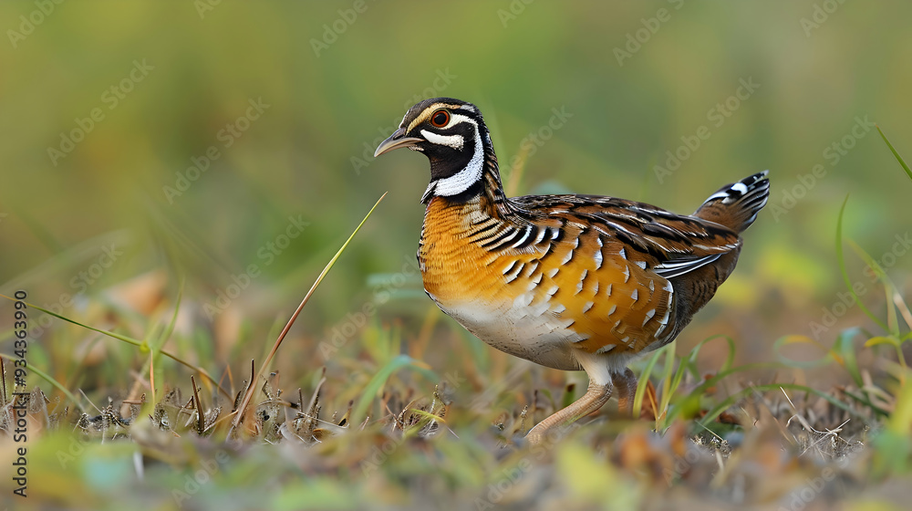 Fototapeta premium Amazon Button Quail walking through the tall grass, its distinctive plumage and long legs