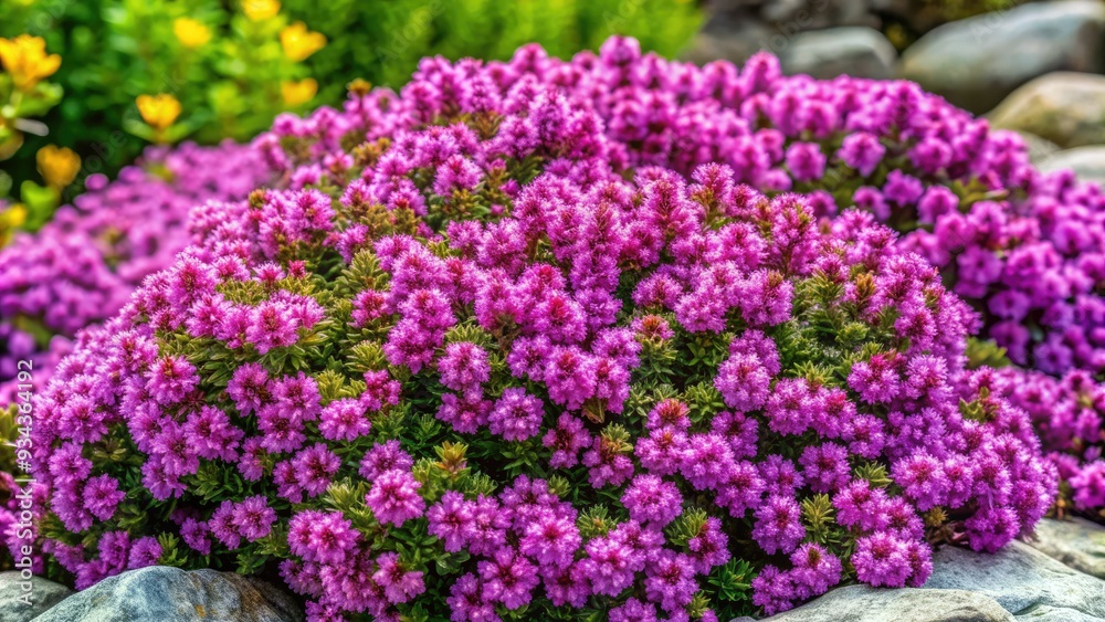 Vibrant pink and purple blooms of compact, dense Thymus citriodorus Aureus shrub create a stunning groundcover, perfect for floral alpine slides against a natural background. Vibrant pink and purple blooms of compact, dense Thymus citriodorus Aureus shrub create a stunning groundcover, perfect for floral alpine slides against a natural background.