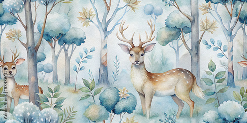 Adobe IllWatercolor Woodland animals seamless pattern. Fabric wallpaper forest with baby deer trees. bird baby animal Nursery backgrouns
ustrator Artwork