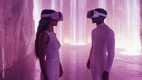 Young women in virtual reality headsets interact under neon lights at a moder...