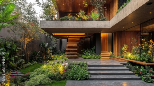Modern residential home with landscaped garden in a suburban neighborhood dur...