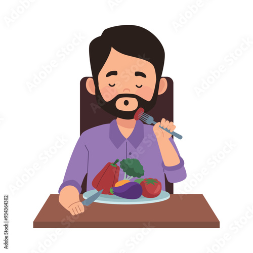 bearded man eating vegan food