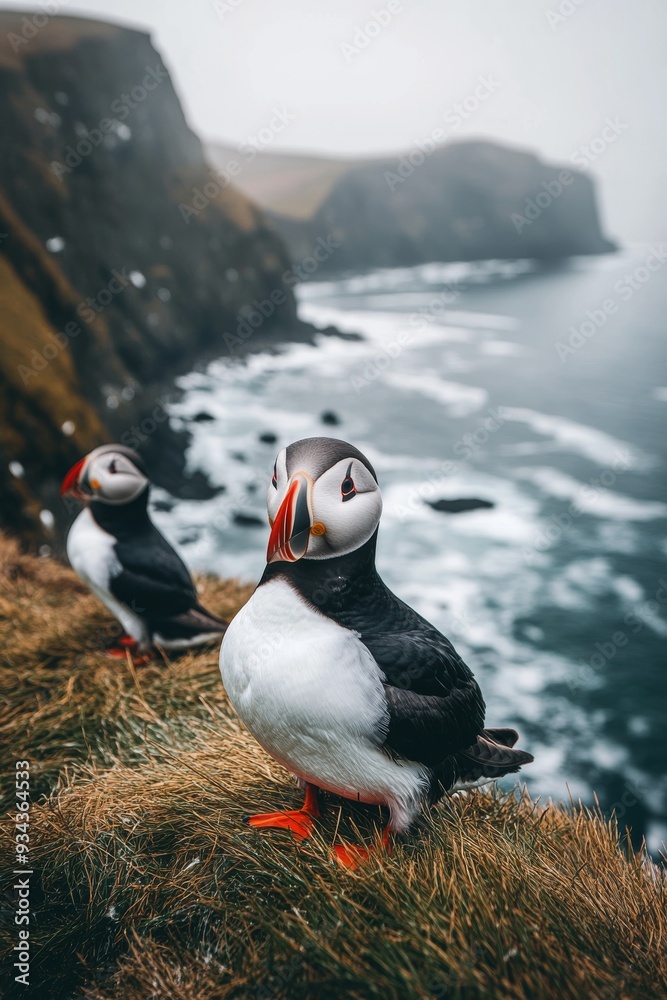 Fototapeta premium Puffins perched on a grassy cliffside overlooking the ocean on a foggy day