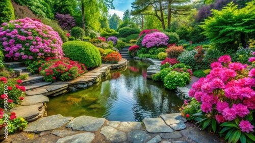 Vibrant pink flowers bloom amidst lush greenery, surrounded by delicate stone pathways and tranquil water features, in a serene and picturesque garden setting.