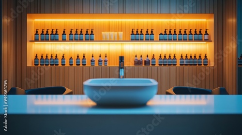 Modern spa interior with neatly arranged skincare products on wooden shelves