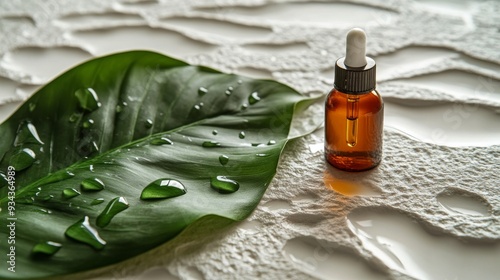 Natural oil dropper bottle with fresh green leaves on textured surface