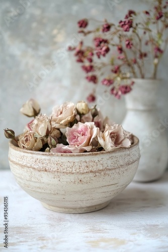 Delicate pink roses arranged in a rustic ceramic bowl on a soft white backdrop