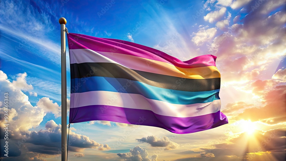 Vibrant pride flag with pink, blue, white, purple, and black stripes waving in the wind ...