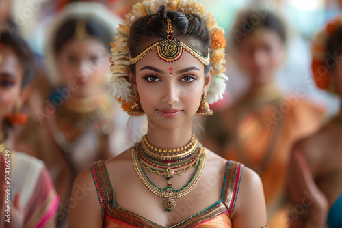 Portrait of Indian woman in traditional costume and jewelry looking directly during Varuthini celebration. Other women blurred in background. Concept of individual identity within cultural community photo