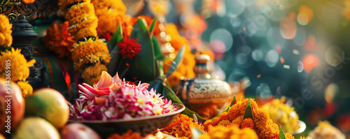 Orange marigold flowers, fruits, statuettes, lotus petals arranged for Gudi Padwa traditional Indian new year celebration setup with decorative elements. Cultural festivity and seasonal traditions photo