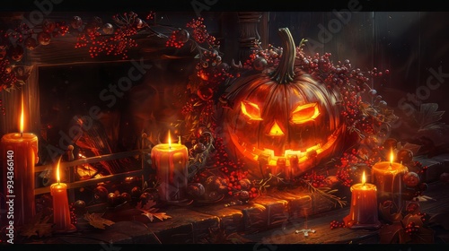 Smiling jack-o-lantern with glowing candlestick, surrounded by candles, and warm fireplace 