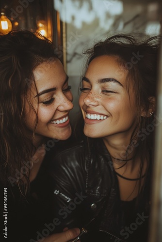 Two women enjoying a joyful makeup session in a bright bathroom with tiled walls