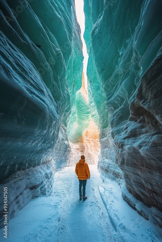 A person stands in an ice cave under the northern lights in wintertime