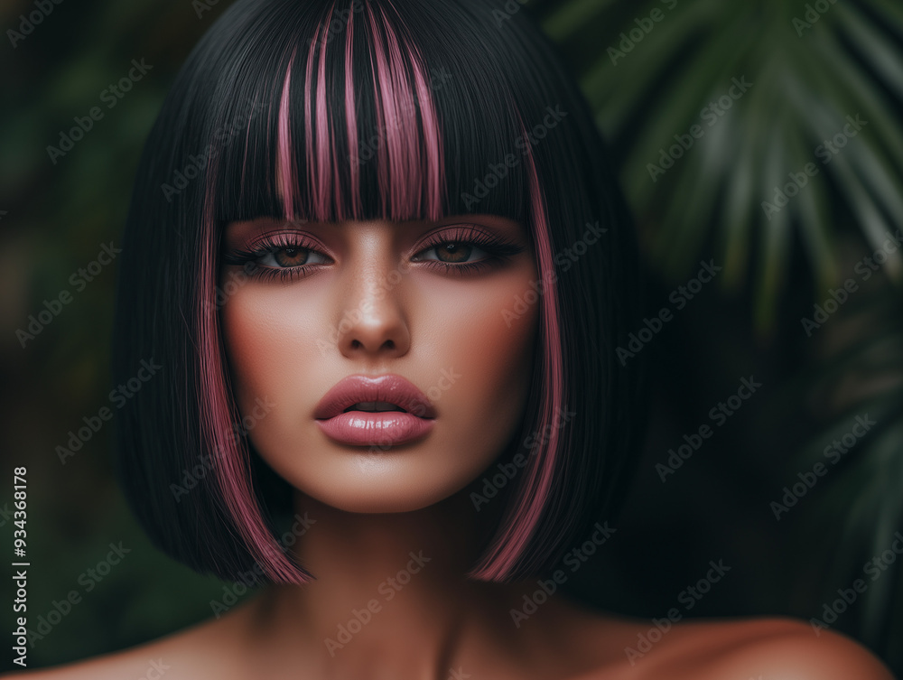 Mysterious Woman With Stylish Bob Haircut And Pink Highlights. hairstyle concept Mysterious Woman With Stylish Bob Haircut And Pink Highlights. hairstyle concept