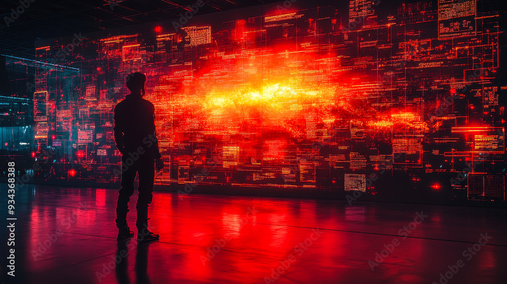 Fototapeta premium Cybersecurity Operations Center: Security Team Coordinating Response Efforts During a Cyber Attack at Night with AI Integration and Real-Time Threat Analysis on Digital Screen