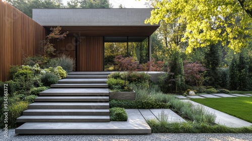 Modern residential home with landscaped garden in a suburban neighborhood dur...