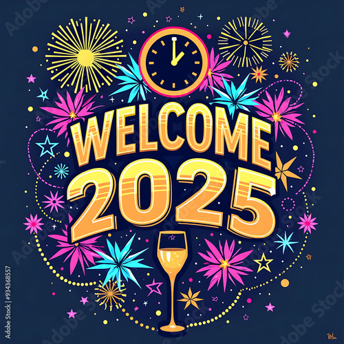 Welcome new year 2025 colorful t shirt design, Happy new year, New year 2025 t shirt design illustration