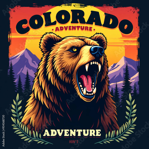 Vintage colorful national park with bears in forest and mountains landscape isolated illustration