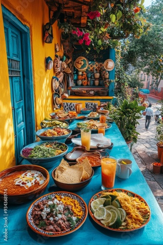 Colorful spread of Mexican dishes featuring tacos, salads, and fresh toppings...
