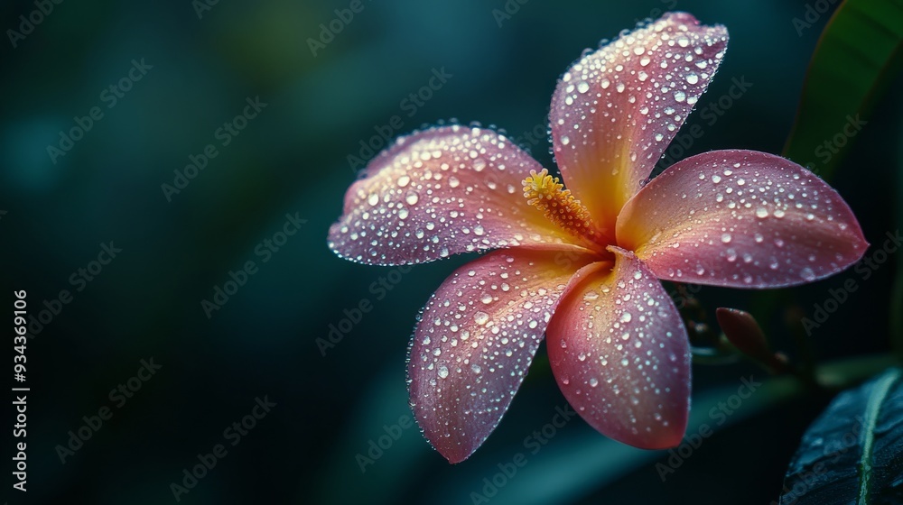 Beautiful pink flower with droplets in a dark lush setting Beautiful pink flower with droplets in a dark lush setting