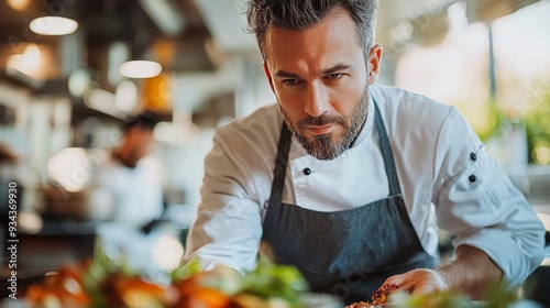 Chef plating a gourmet dish in a warm, sunlit kitchen during dinner preparation