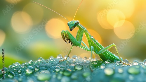 High-Resolution Close-Up of Green Praying Mantis with Long Antennae on Dew-Covered Leaf in Sunlight - Detailed Nature Scene with Abstract Bokeh Background

 photo