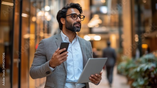 Young professional in a blazer using a tablet and smartphone on a bustling ci...
