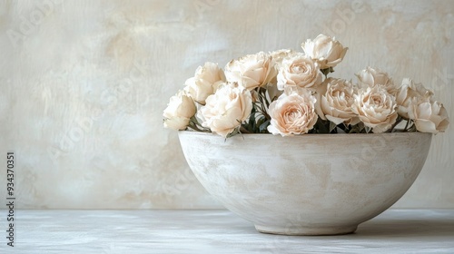Dried pink roses arranged in a vintage ceramic bowl on a rustic tabletop