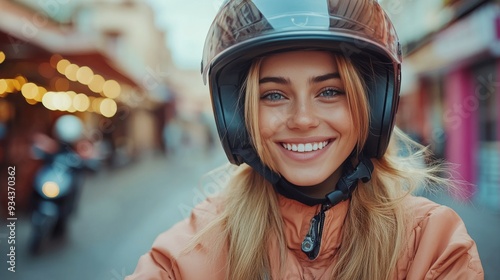 Young woman smiling while wearing a helmet in an urban street during the day