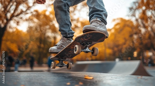 Skateboarder performs a trick in an urban skatepark during autumn