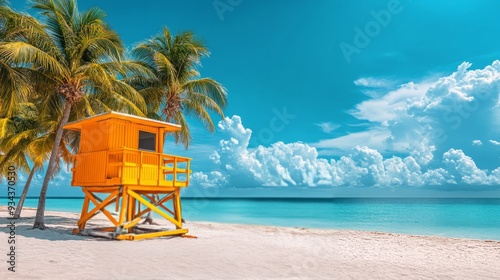Bright tropical beach with lifeguard tower and palm trees under sunny blue sky