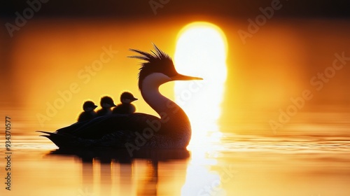 A mother bird and her chicks swim at sunset on a tranquil lake
