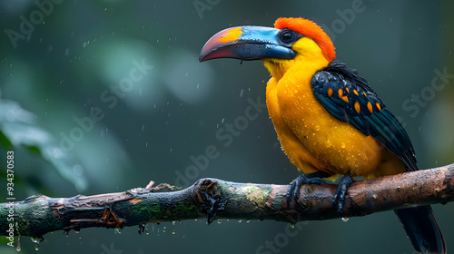 Amazon Casqued Oropendola perched on a branch, its distinctive plumage photo