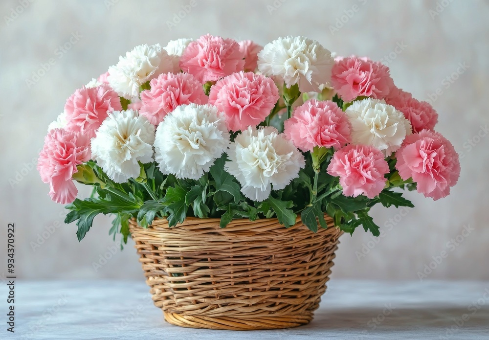 Beautiful basket of pink and white carnations arranged elegantly indoors Beautiful basket of pink and white carnations arranged elegantly indoors