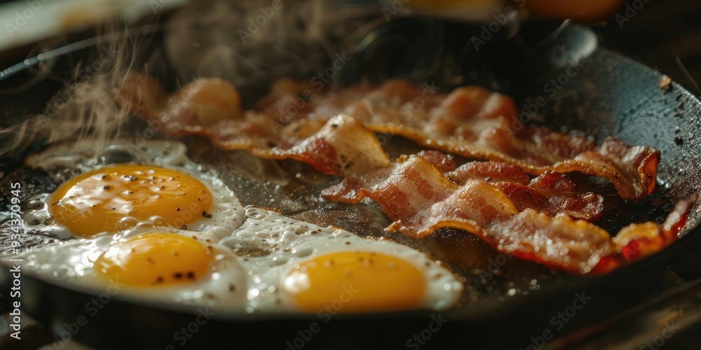 Sunny side up eggs and bacon frying on a cast iron griddle with stove top burner flame Sunny side up eggs and bacon frying on a cast iron griddle with stove top burner flame
