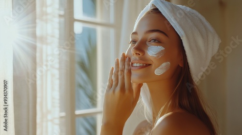 Woman applying face cream at home in natural morning light