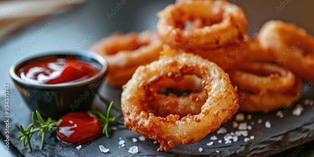 American fried onion rings served with a side of tomato ketchup on a slate kitchen table American fried onion rings served with a side of tomato ketchup on a slate kitchen table